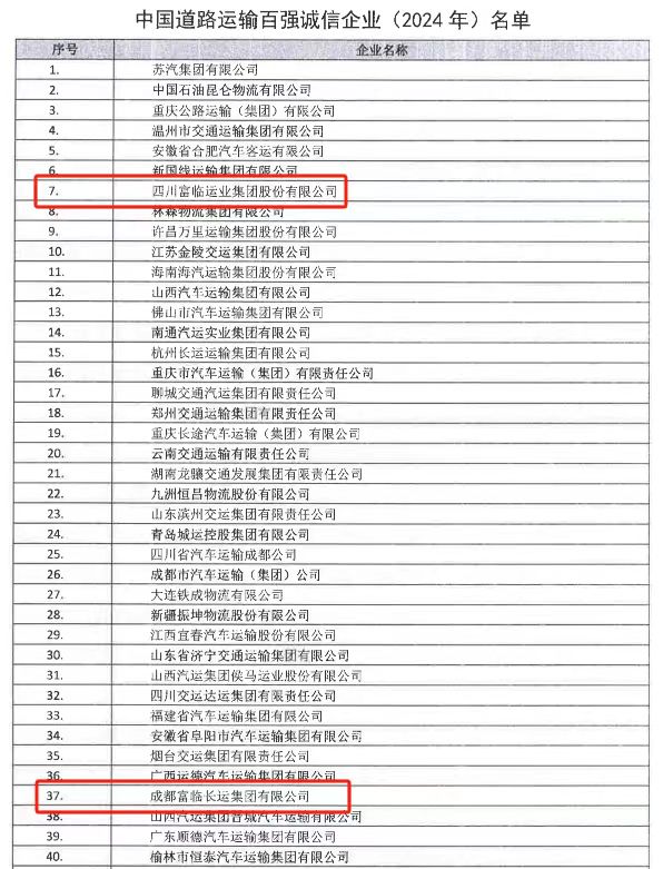 喜讯！DG视讯运业新晋中国道路运输百强诚信企业（2024）十强榜单